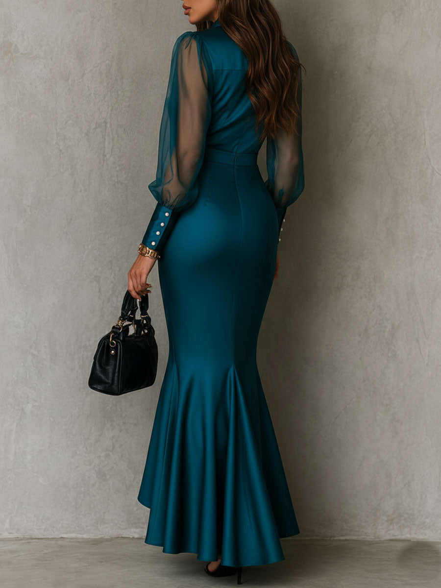 Elegante Abito Maxi in Satin Teal Trasparente con Maniche a Palloncino