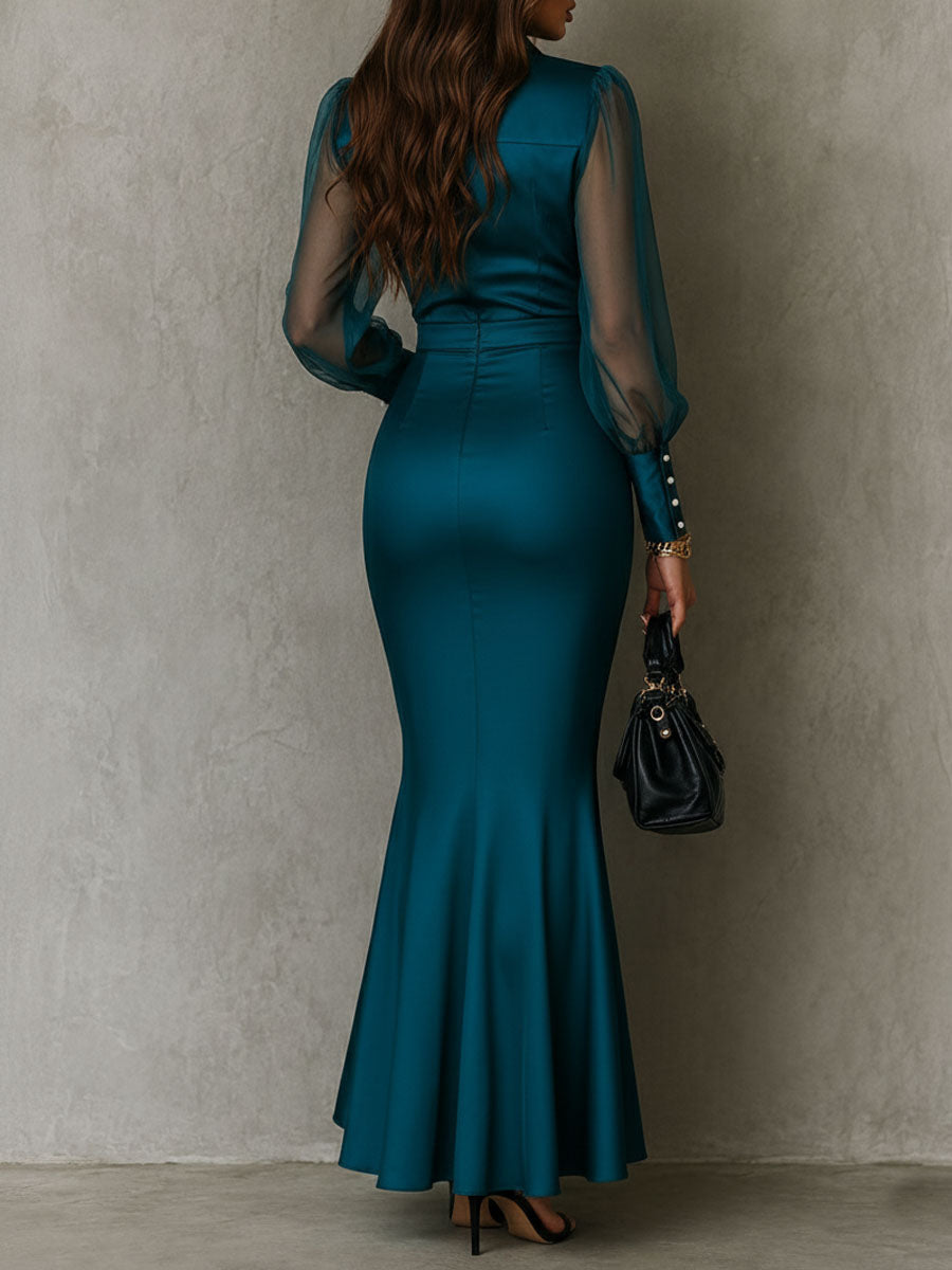 Elegante Abito Maxi in Satin Teal Trasparente con Maniche a Palloncino