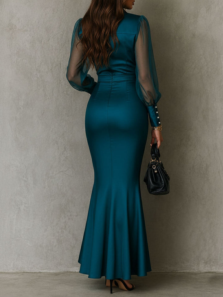 Elegante Abito Maxi in Satin Teal Trasparente con Maniche a Palloncino
