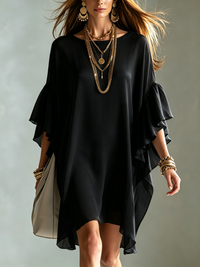 Abito Mini in Chiffon Nero con Maniche a Volant e Silhouette Larga