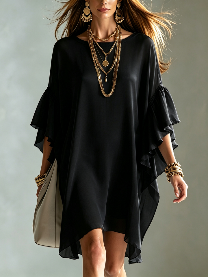 Abito Mini in Chiffon Nero con Maniche a Volant e Silhouette Larga
