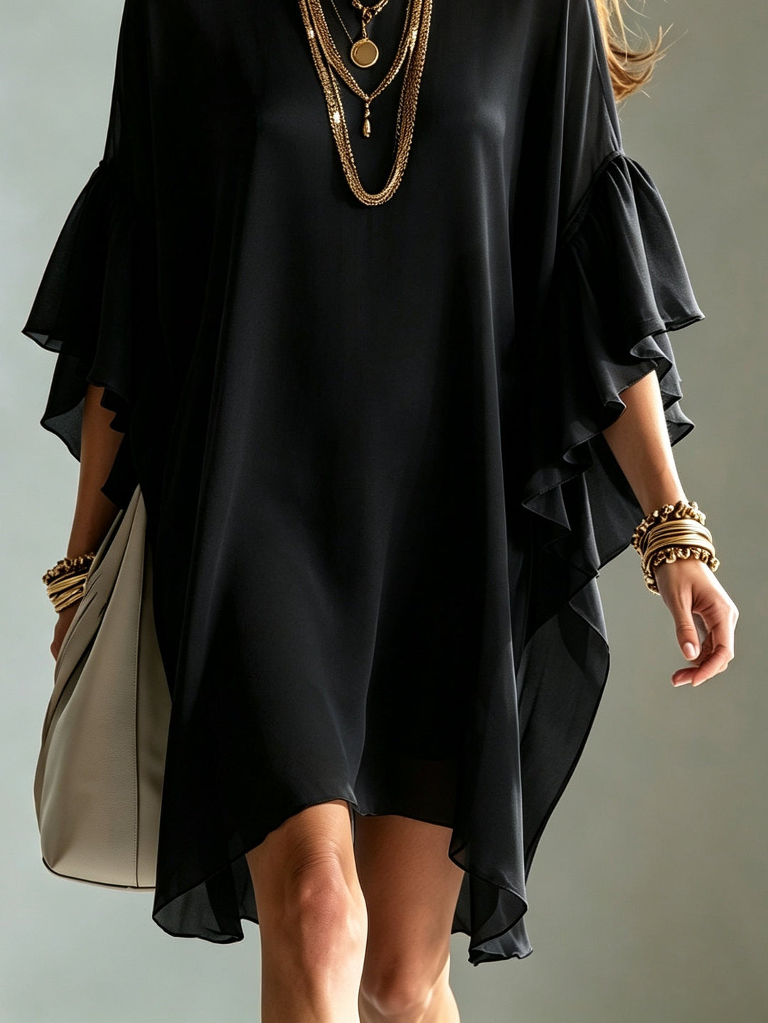 Abito Mini in Chiffon Nero con Maniche a Volant e Silhouette Larga