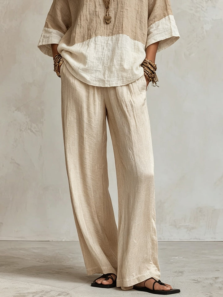 Top e pantaloni a gamba larga color khaki chiaro a blocchi di colore