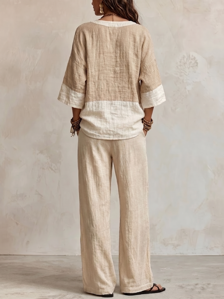 Top Color-blocked in Khaki Chiaro e Set di Pantaloni a Gamba Larga