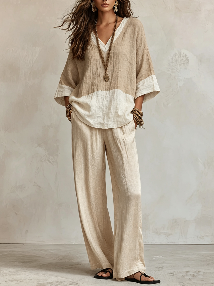 Top e pantaloni a gamba larga color khaki chiaro a blocchi di colore