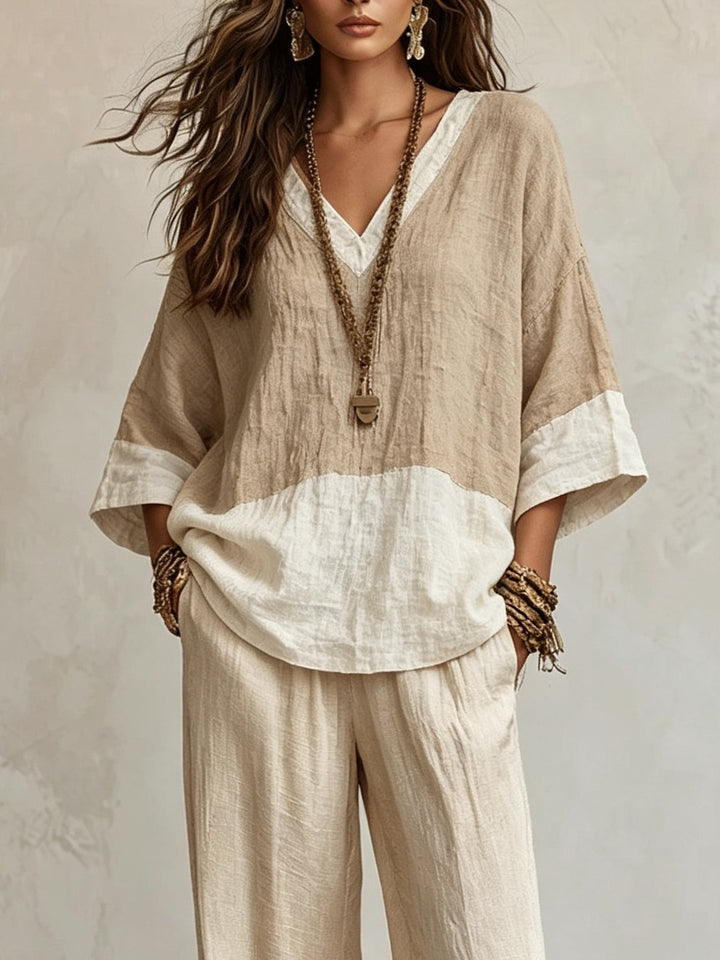 Top e pantaloni a gamba larga color khaki chiaro a blocchi di colore