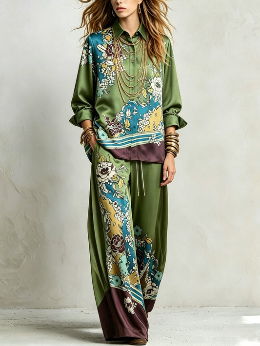 Completo Bohemien Verde con Stampa Floreale e Pantaloni a Gamba Larga con Coulisse