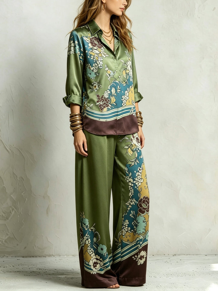 Completo Bohemien Verde con Stampa Floreale e Pantaloni Larghi con Coulisse