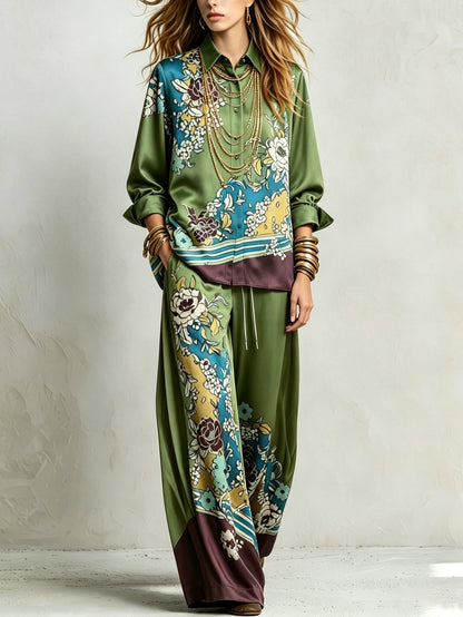 Completo in Stile Bohemien con Camicia a Fantasia Floreale Verde e Pantaloni a Gamba Larga con Coulisse