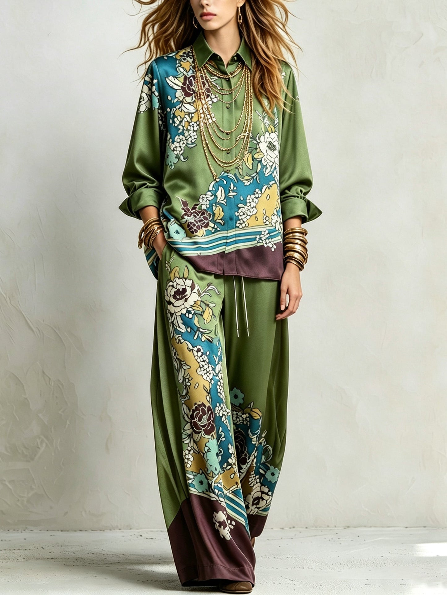 Completo di Camicia a Stampa Floreale Verde Bohemien e Pantaloni a Gamba Larga con Coulisse