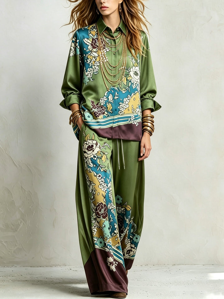 Completo di Camicia a Stampa Floreale Verde Bohemien e Pantaloni a Gamba Larga con Coulisse