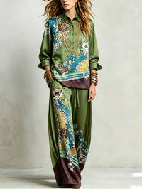 Completo Bohemien con Camicia Verde a Fiori e Pantaloni Larghi con Coulisse