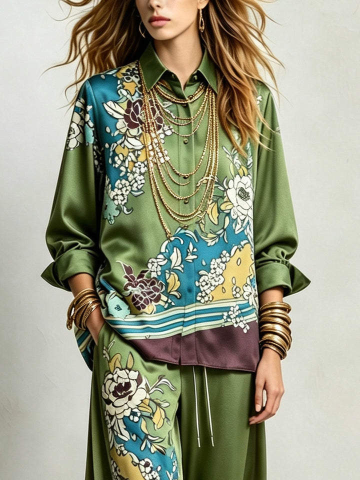 Completo Bohemien Verde con Stampa Floreale e Pantaloni Larghi con Coulisse