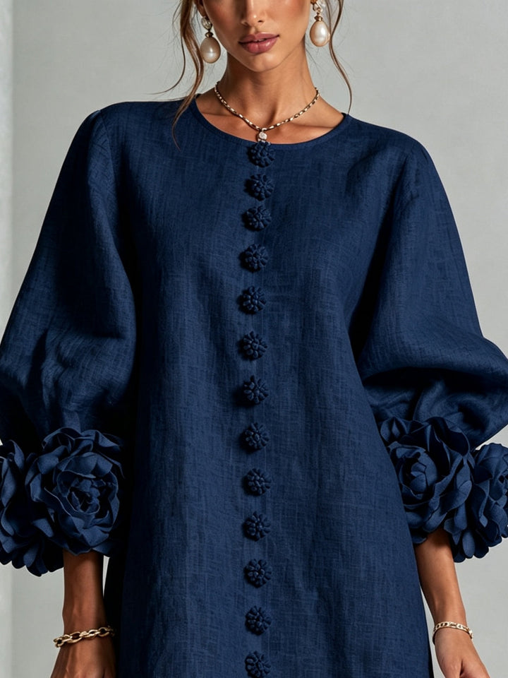 Abito Mini Button-down Floreale Blu Navy Con Maniche Floreali Stravaganti
