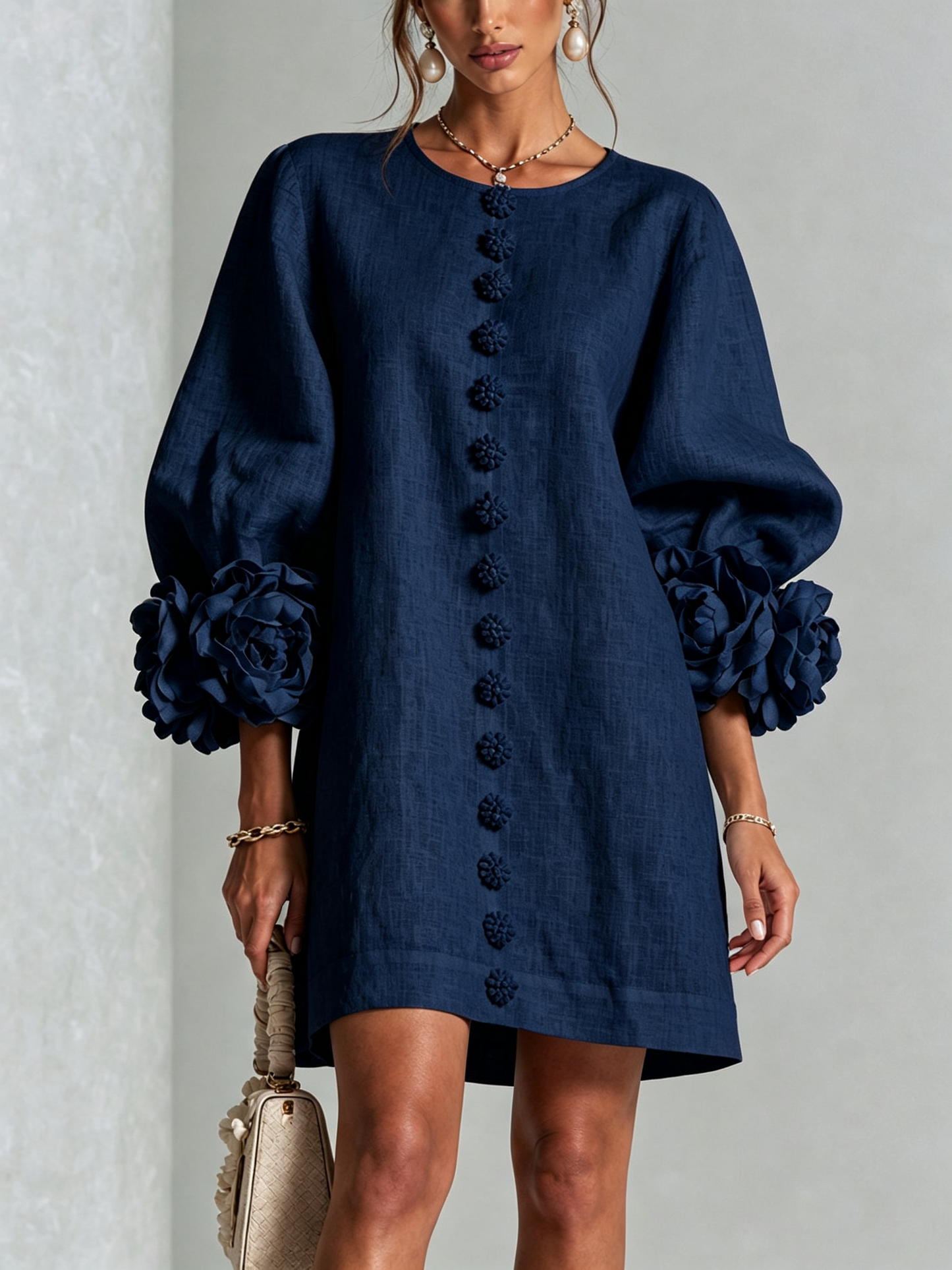 Abito Mini Button-down Floreale Blu Navy Con Maniche Floreali Stravaganti