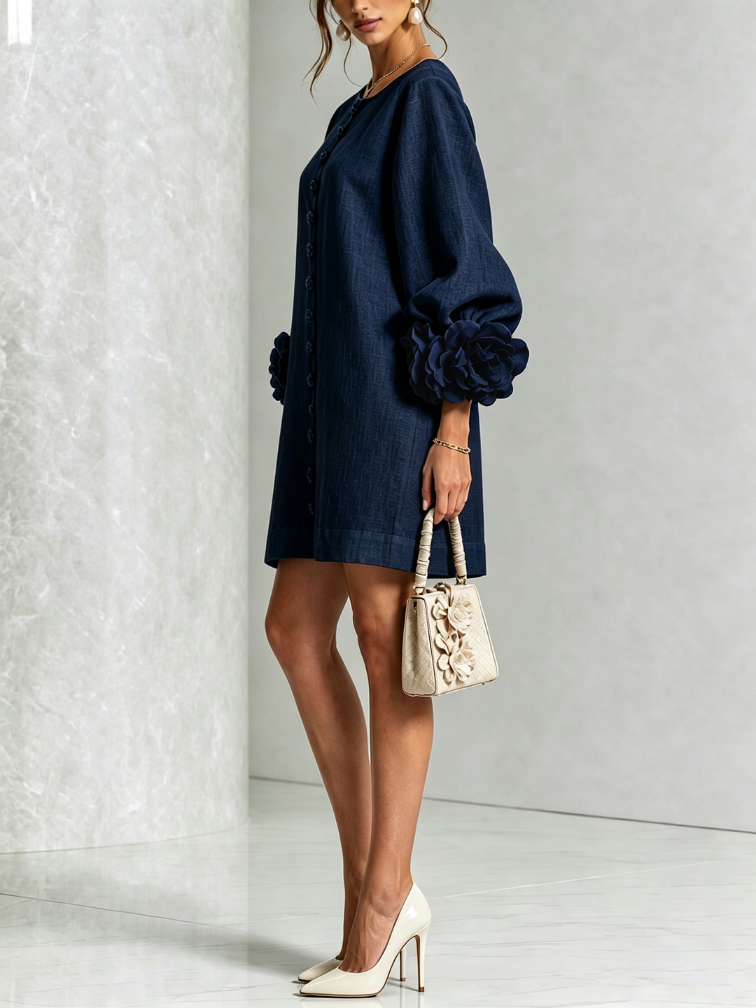 Abito Mini Button-down Floreale Blu Navy Con Maniche Floreali Stravaganti
