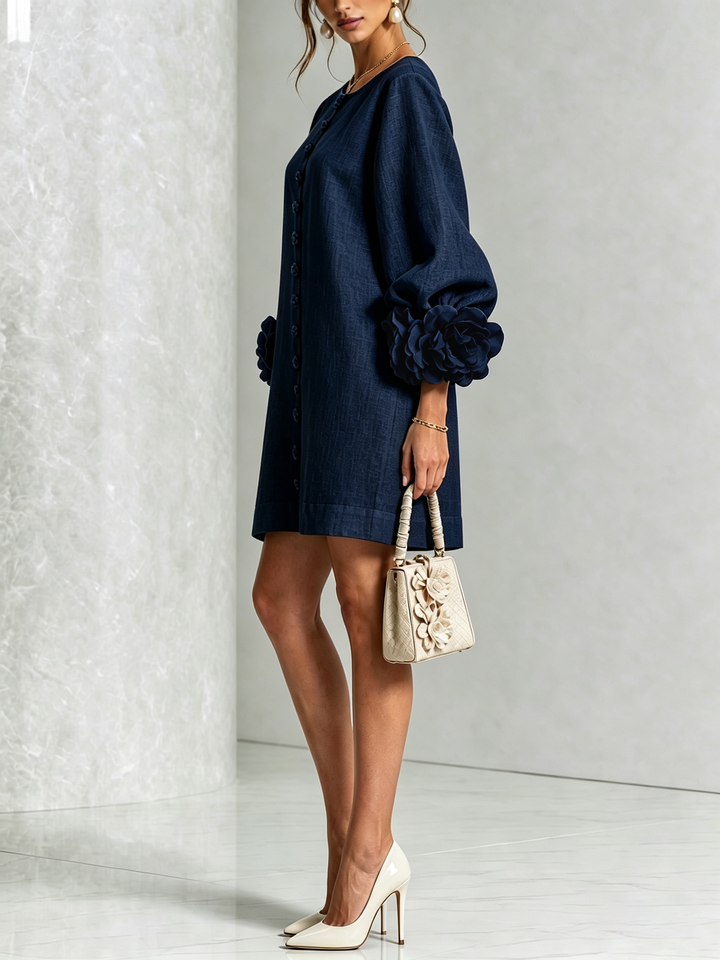 Abito Mini Button-down Floreale Blu Navy Con Maniche Floreali Stravaganti