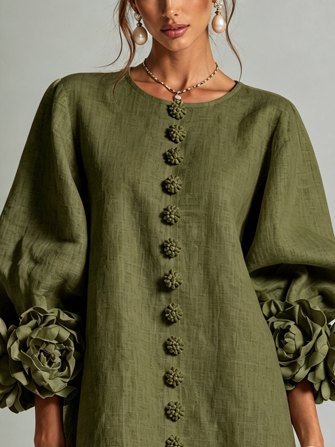Abito Mini Button-down Flora Oliva Con Maniche Floreali Stravaganti