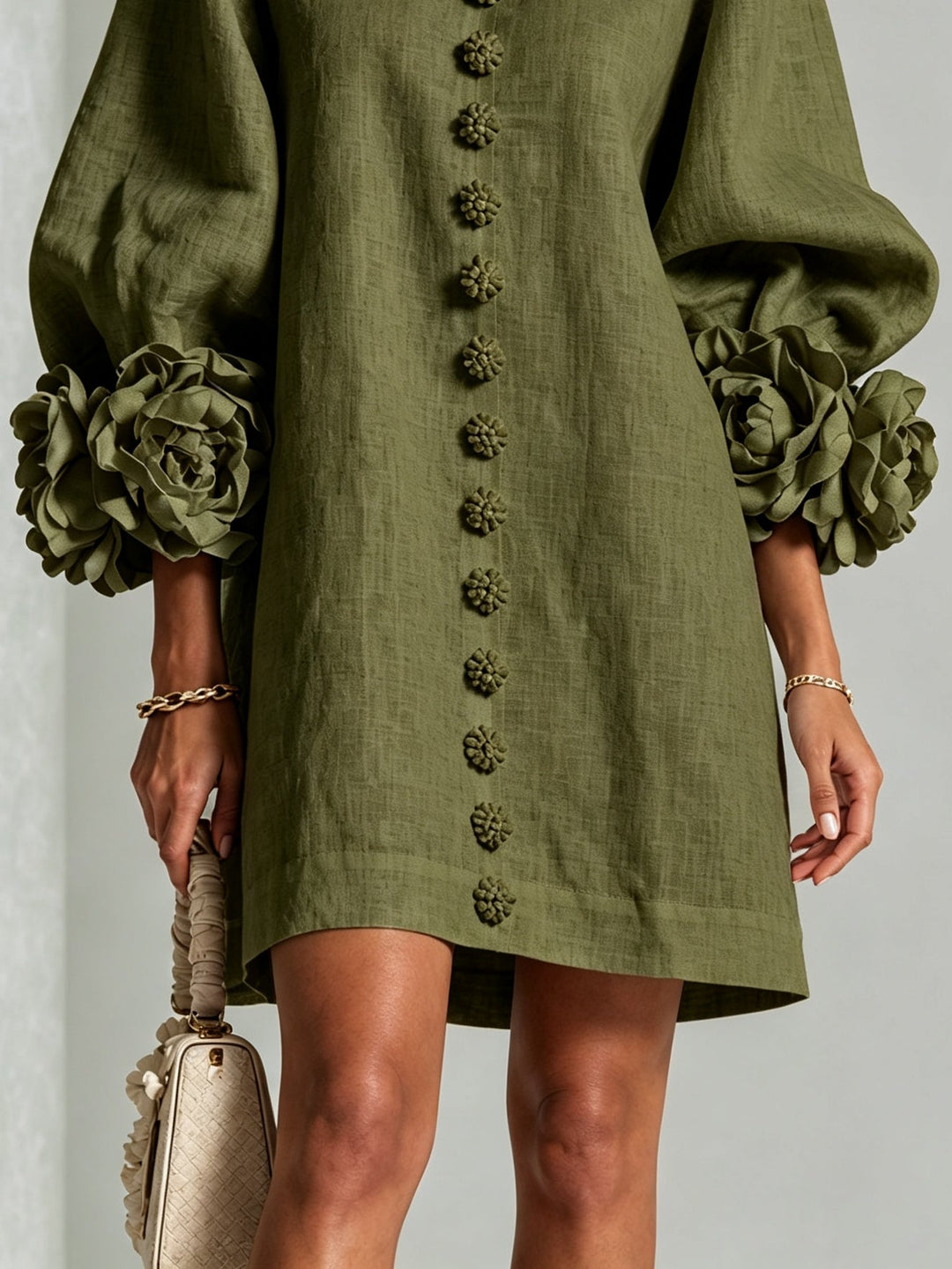 Abito Mini Button-down Flora Oliva Con Maniche Floreali Stravaganti