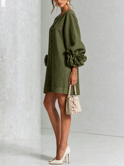 Abito Mini Button-down Flora Oliva Con Maniche Floreali Stravaganti