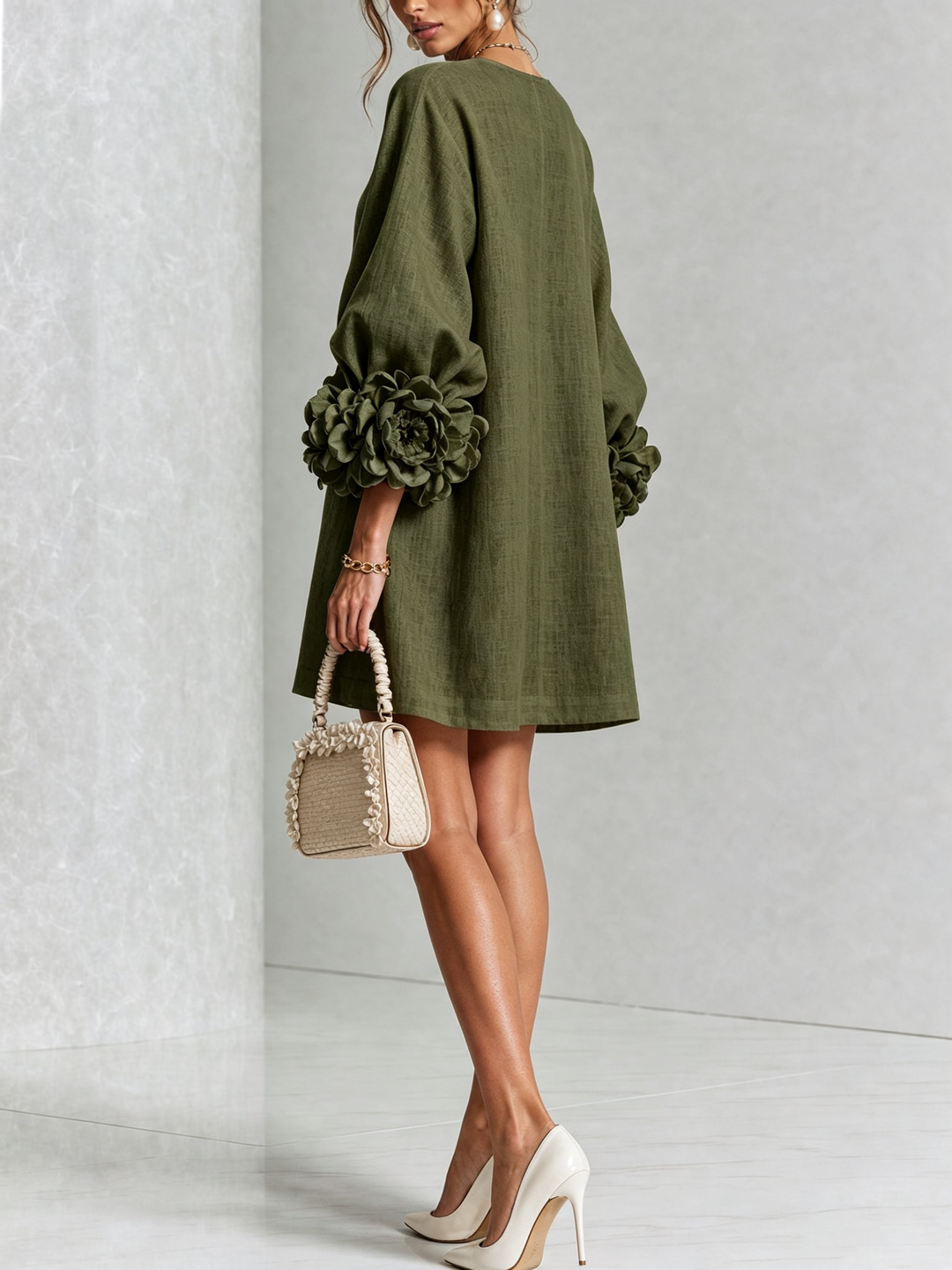 Abito Mini Button-down Flora Oliva Con Maniche Floreali Stravaganti