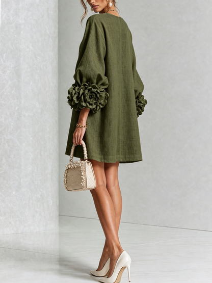 Abito Mini Button-down Flora Oliva Con Maniche Floreali Stravaganti
