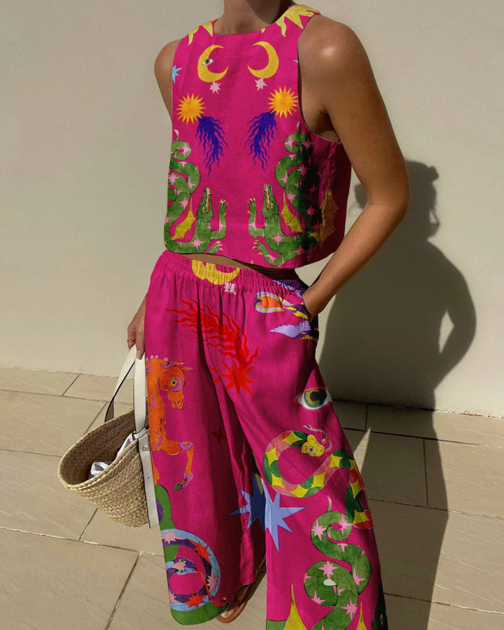 Set di Canotta con Stampa Unica e Pantaloni con Vita Elastico e Tasche