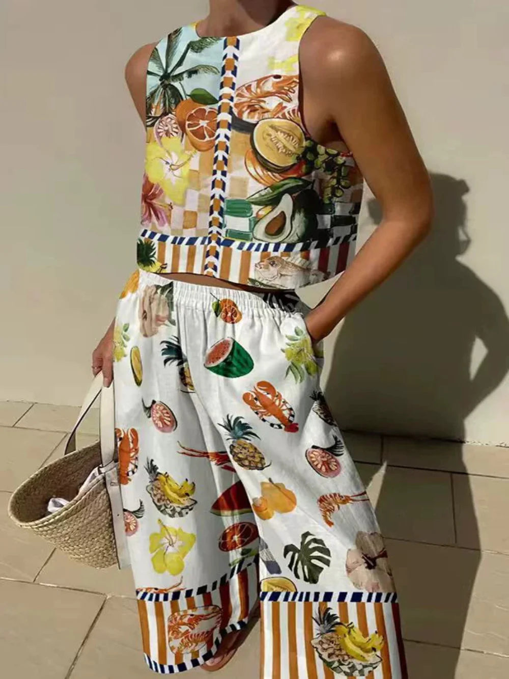 Set di Canotta con Stampa Unica e Pantaloni con Vita Elastico e Tasche