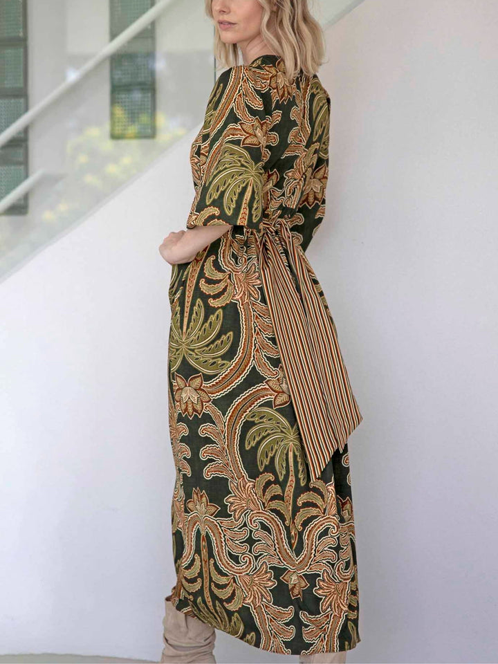 Abito Maxi a Maniche Puff Verde con Cintura