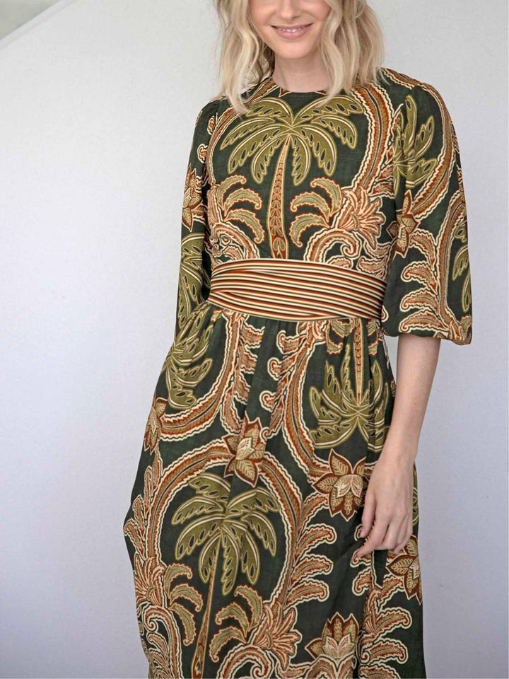 Abito Maxi a Maniche Puff Verde con Cintura