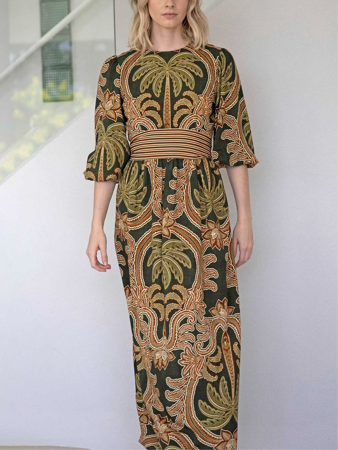 Abito Maxi con Maniche a Puff Verde Palma (con cintura)