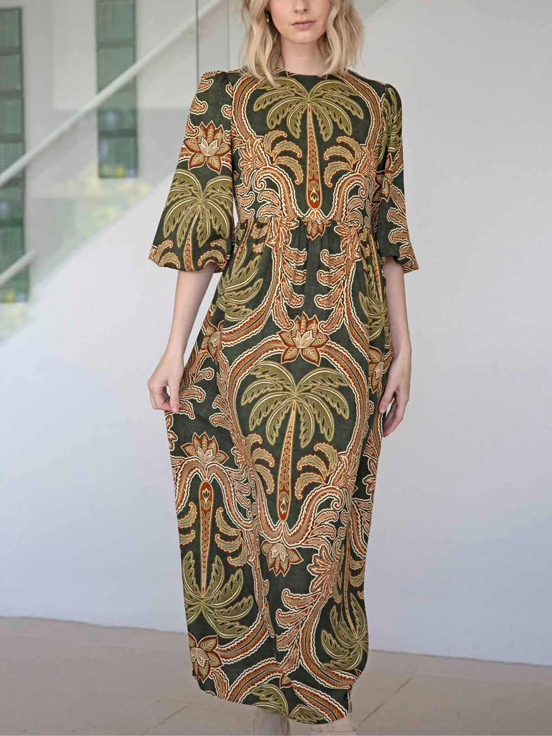 Abito Maxi a Maniche Puff Verde con Cintura