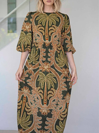 Abito Maxi a Maniche Puff Verde con Cintura