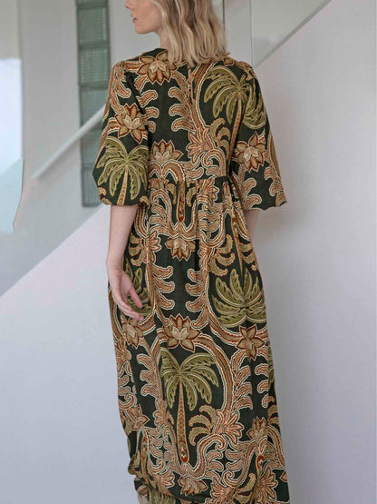 Abito Maxi a Maniche Puff Verde con Cintura