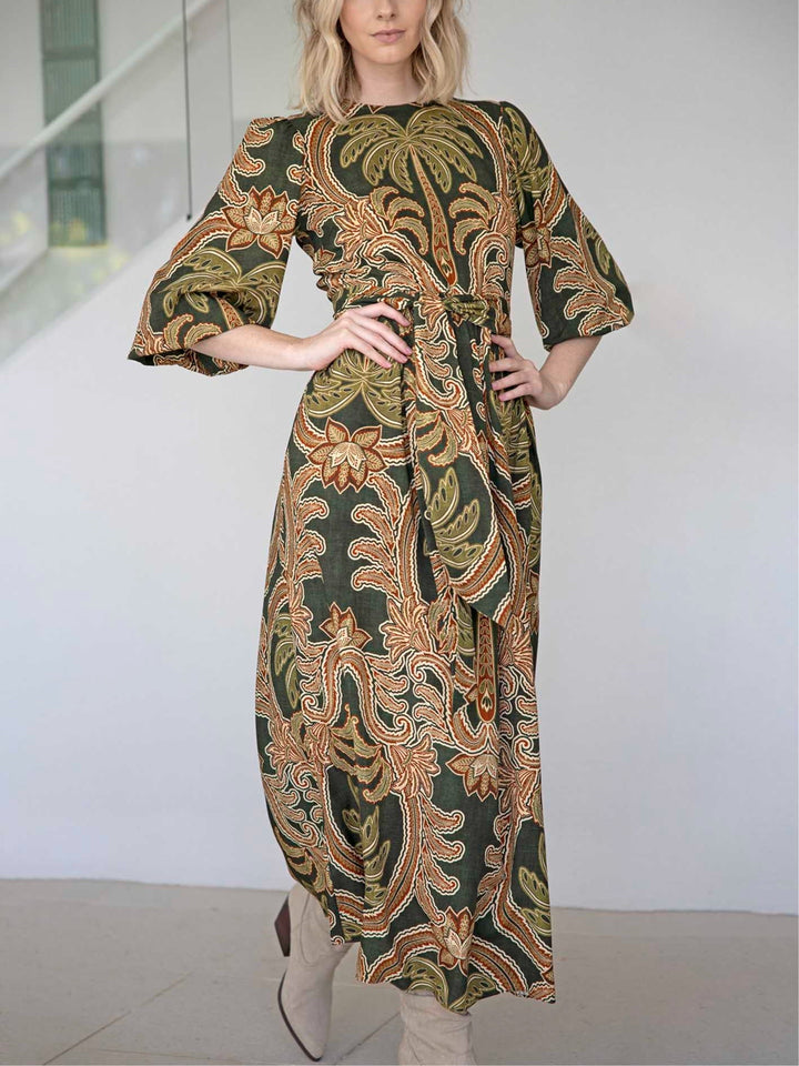 Abito Maxi a Maniche Puff Verde con Cintura