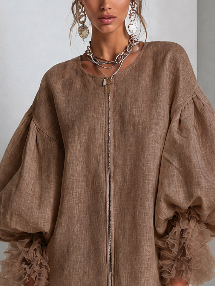 Abito Mini con Maniche a Palloncino e Zip Frontale Marrone con Polsini a Ruffle Plissettati