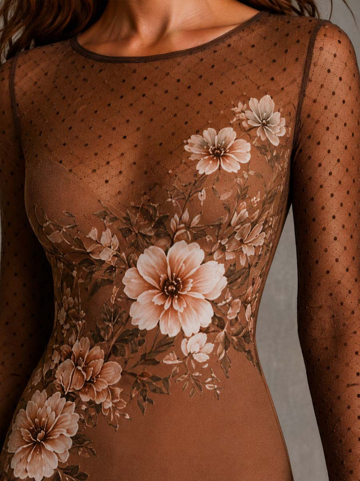 Abito Midi Pencil Slim-Fit Trasparente Marrone Con Stampa Floreale e Pois