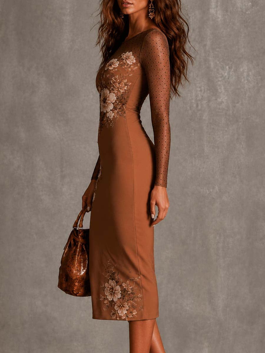 Abito Midi Pencil Slim-Fit Trasparente Marrone Con Stampa Floreale e Pois