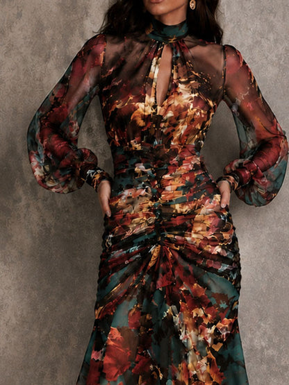 Abito Maxi Irregolare in Chiffon Floreale Multicolore con Collo a Chiave
