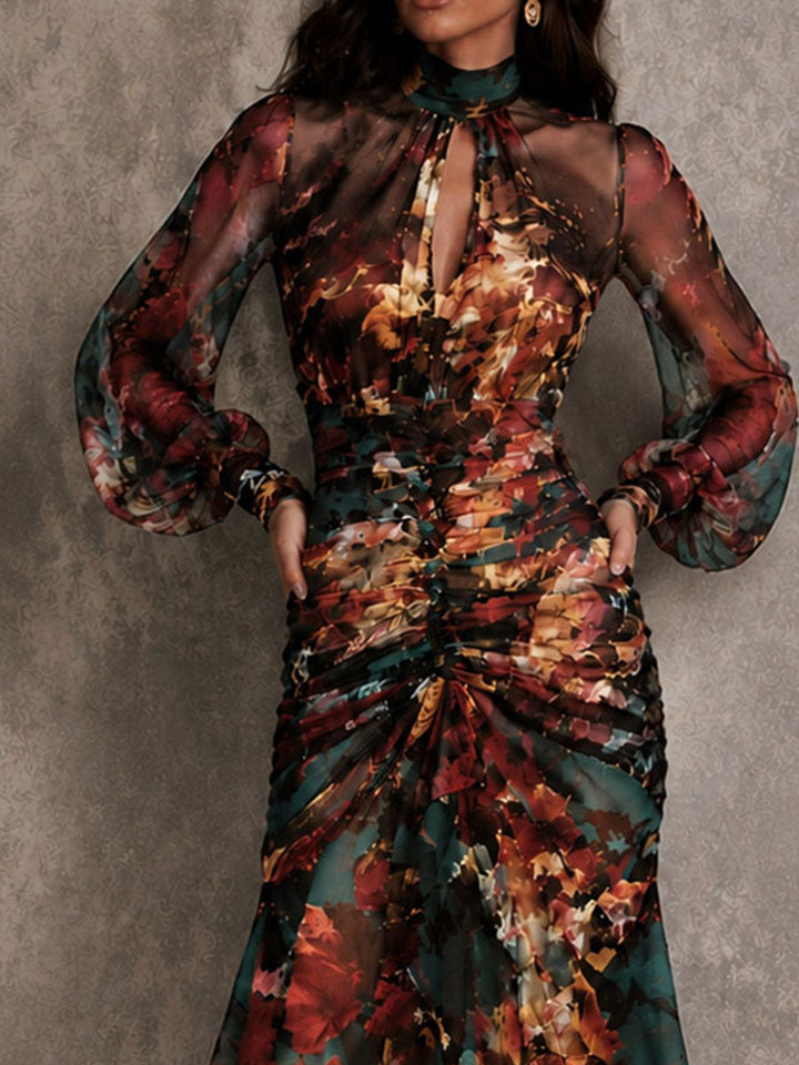 Abito Maxi Irregolare in Chiffon Floreale Multicolore con Collo a Chiave