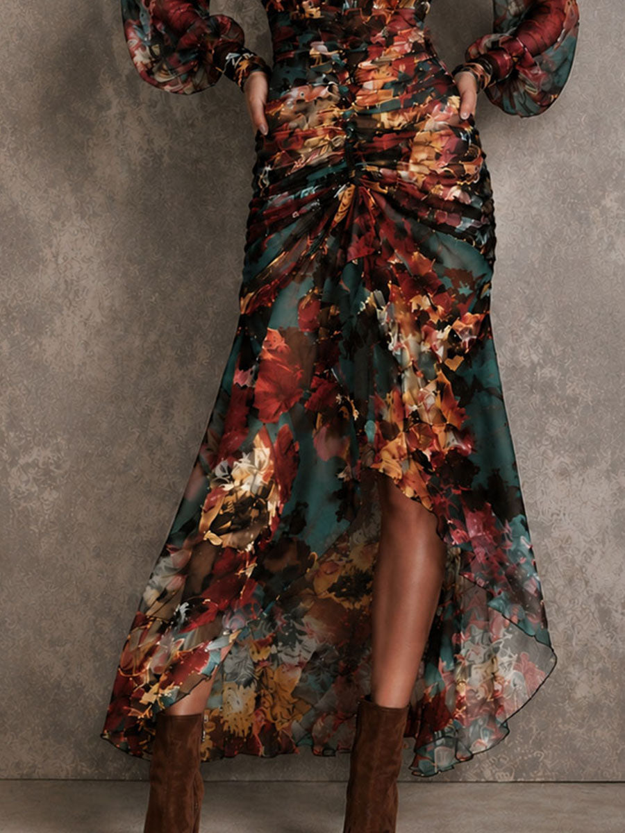Abito Maxi Irregolare in Chiffon Floreale Multicolore con Collo a Chiave