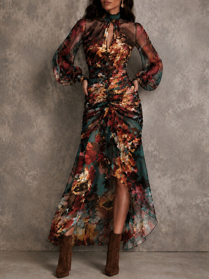 Abito Maxi Irregolare in Chiffon Floreale Multicolore con Collo a Chiave