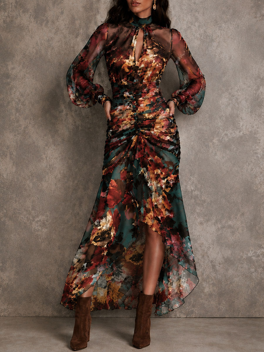 Abito Maxi Irregolare in Chiffon Floreale Multicolore con Collo a Chiave