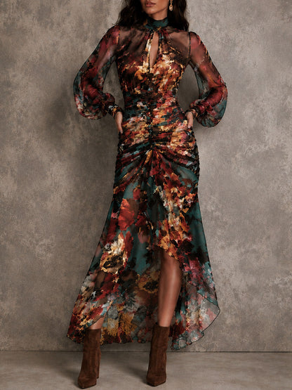 Abito Maxi Irregolare in Chiffon Floreale Multicolore con Collo a Chiave