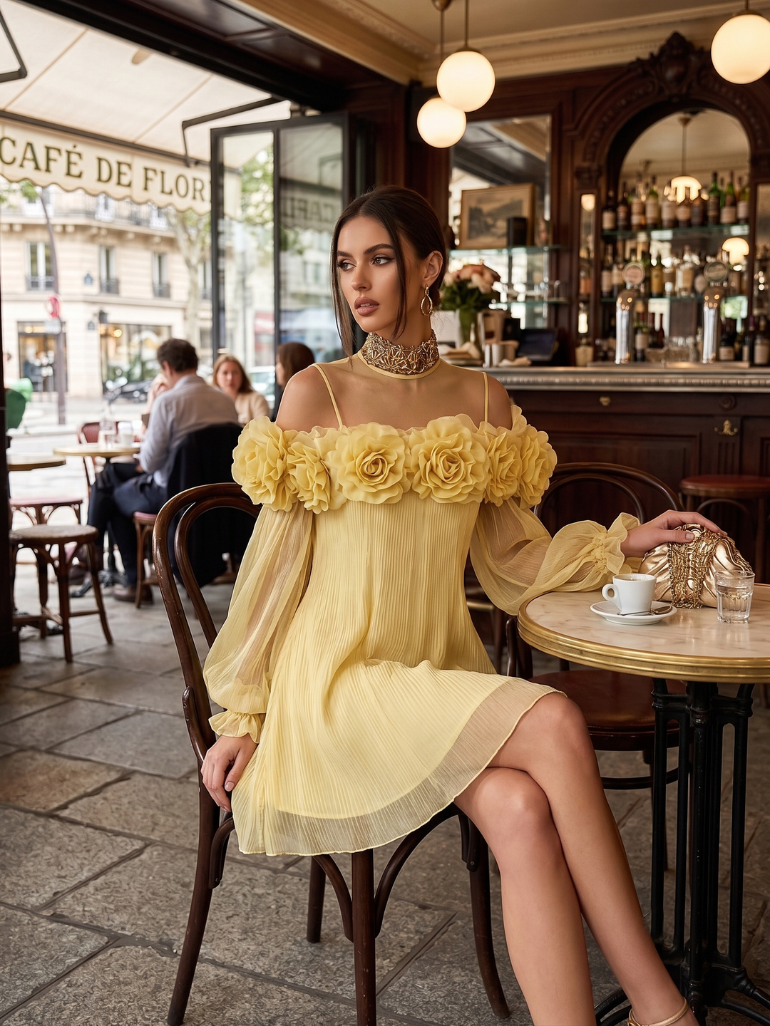 Abito Mini in Chiffon Plissettato Giallo 3D Florale Romantico per Occasioni Speciali