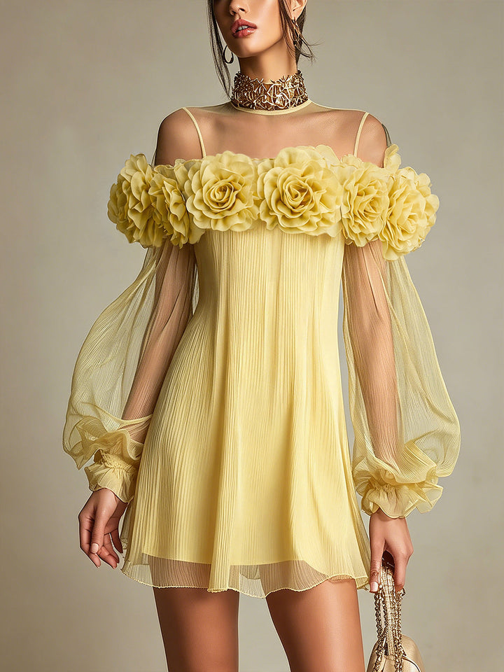 Abito Mini in Chiffon Plissettato Giallo 3D Florale Romantico per Occasioni Speciali