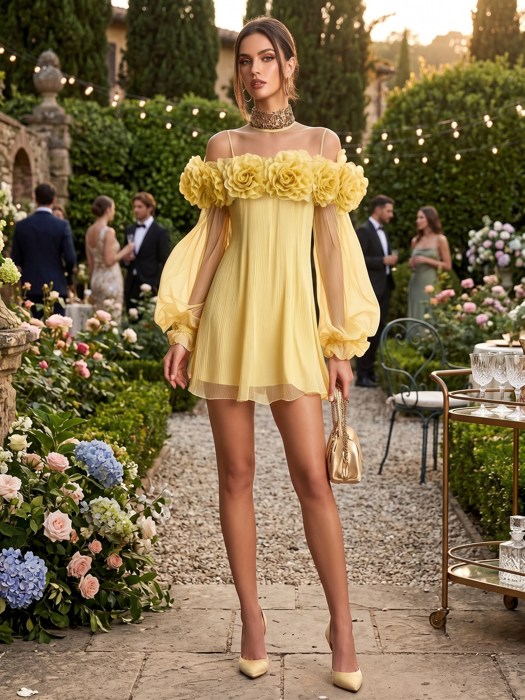 Abito Mini in Chiffon Plissettato 3D Floreale Giallo Romantico per Occasioni Speciali