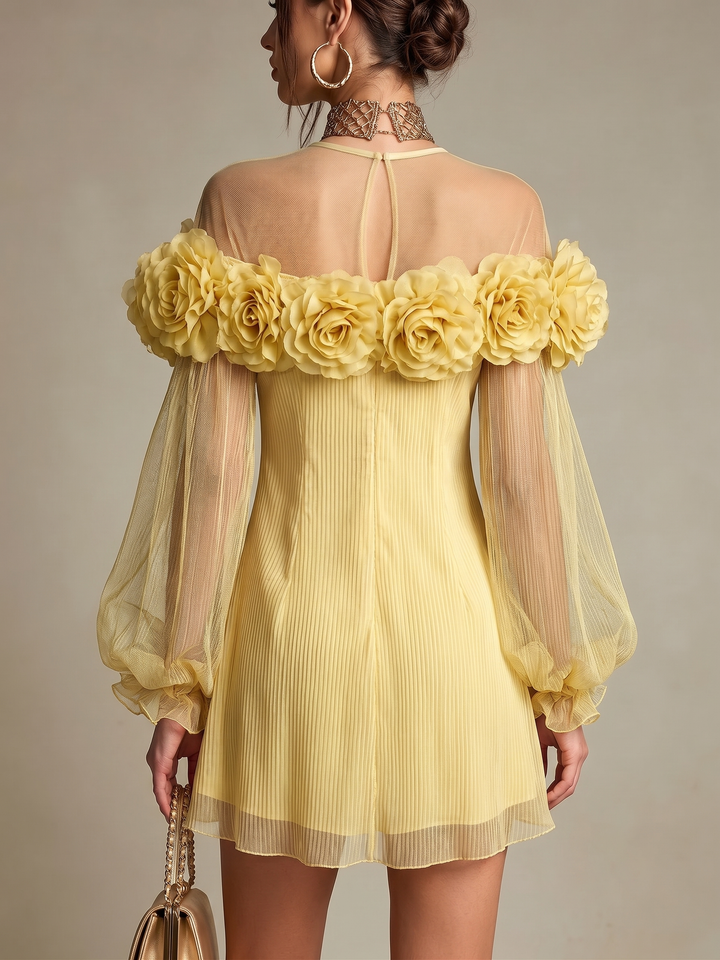 Abito Mini in Chiffon Plissettato 3D Floreale Giallo Romantico per Occasioni Speciali