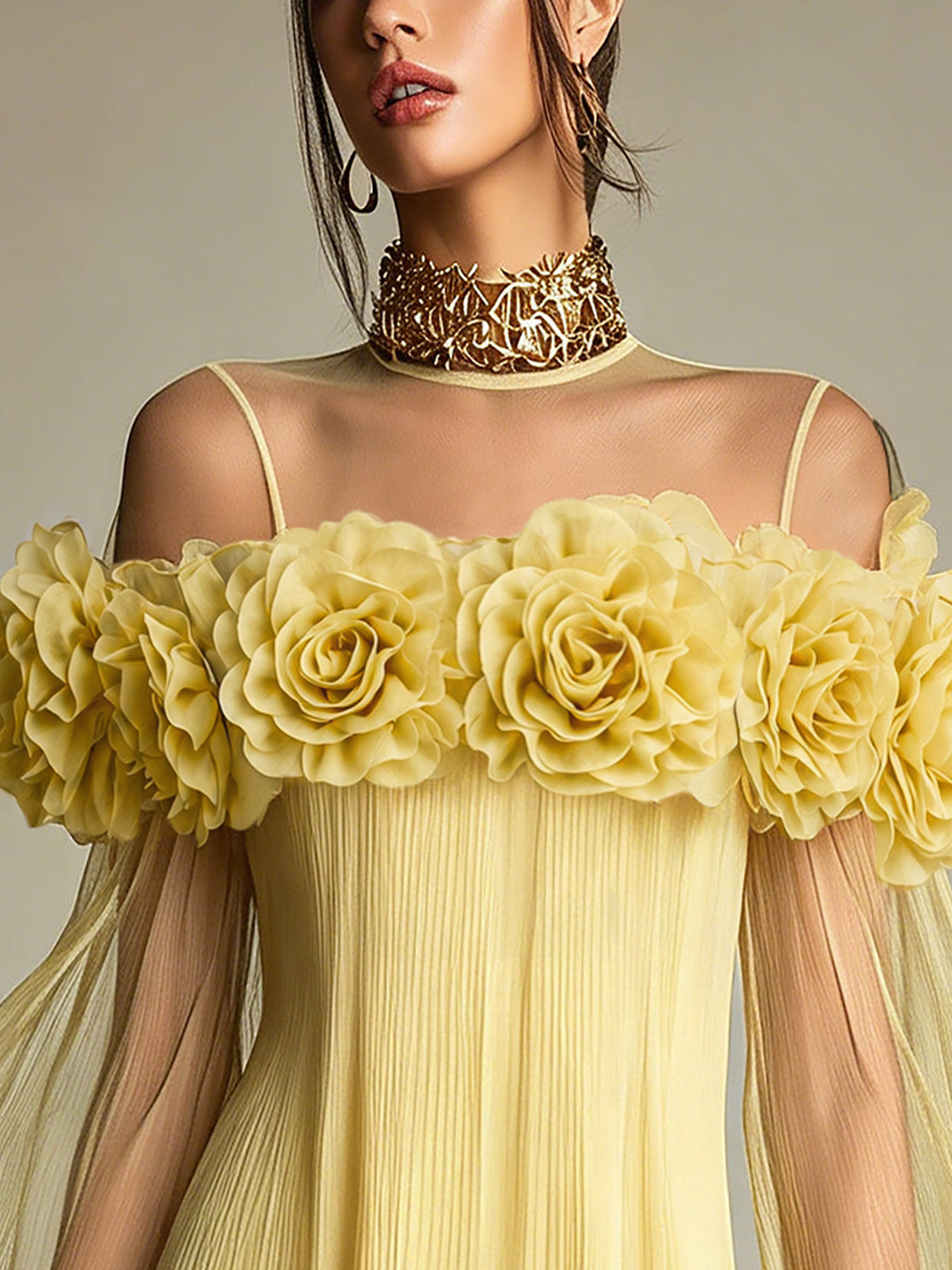 Abito Mini in Chiffon Plissettato 3D Floreale Giallo Romantico per Occasioni Speciali
