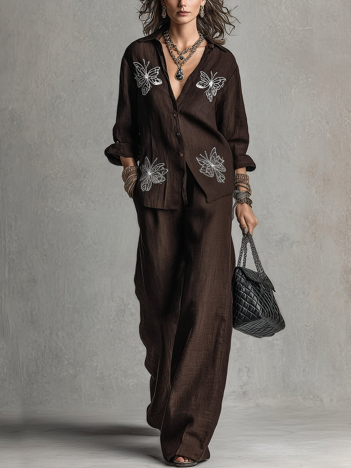 Camicia Ricamata Marrone Relaxed Fit e Completo con Pantaloni a Gamba Larga